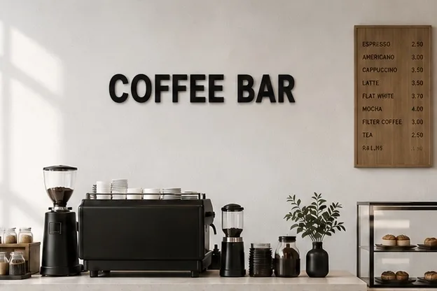 Schriftzug Coffee Bar als Wandbuchstaben über einer Theke