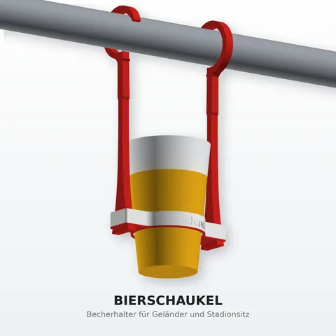 Bierschaukel von Slick: Becherhalter mit zwei roten Haken an einer Stange, darin ein 0,5-l-Becher
