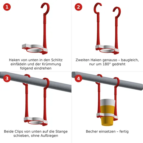 Montage der Bierschaukel in vier Schritten: Haken einfädeln, zweiten Haken gedreht, auf die Stange schieben, Becher einsetzen