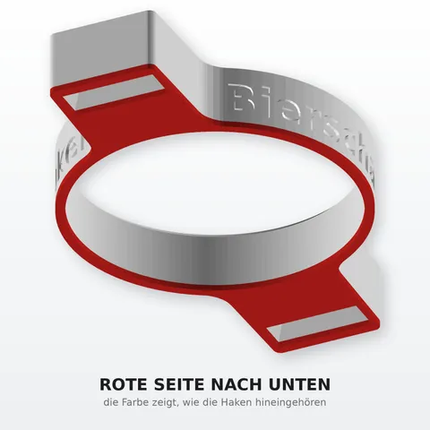 Ring der Bierschaukel mit roter Unterseite, die Farbe zeigt, wie die Haken hineingehören