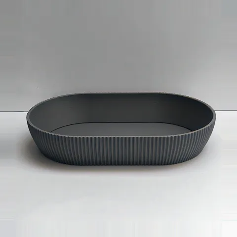 Ovale Schale gerippt, tief von Slick: Ovale Schale tief, frontal leicht von oben, 3D-Druck aus mattem PLA in Grau