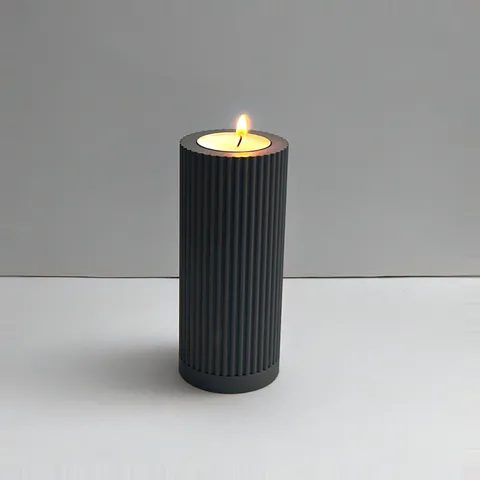 Teelichthalter gerippt von Slick: Teelichthalter 130 mm, brennend, 3D-Druck aus mattem PLA in Grau