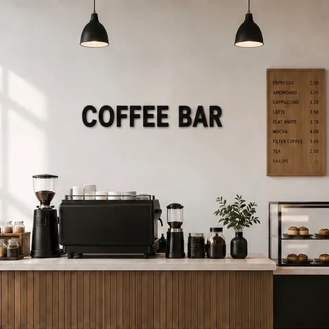Wandbuchstaben nach Wunsch von Slick: schwarzer Schriftzug Coffee Bar an der Wand über einer Kaffeetheke