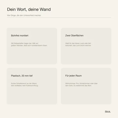 Wandbuchstaben nach Wunsch von Slick: Übersicht zu Montage, Oberflächen, Tiefe und Einsatzorten