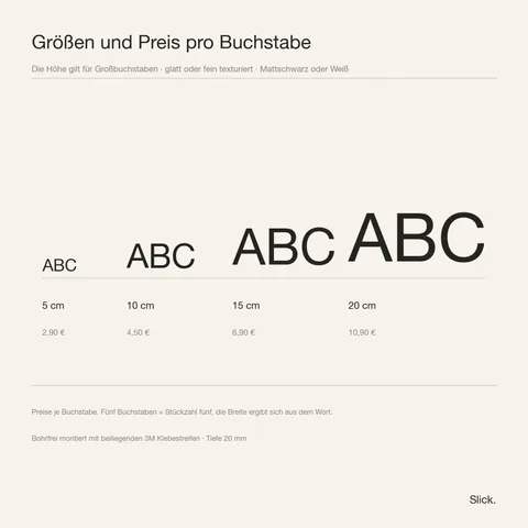 Wandbuchstaben nach Wunsch von Slick: Übersicht der vier Höhen mit Preis pro Buchstabe