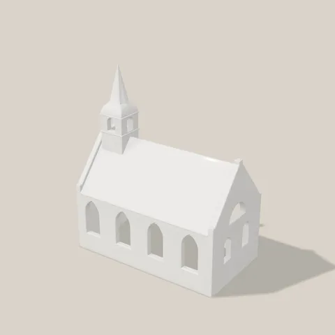 Weiße Kapelle mit Türmchen und Bogenfenstern, am Computer aus der Druckdatei dargestellt