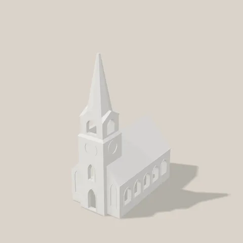 Weiße Dorfkirche mit spitzem Turm und Bogenfenstern, am Computer aus der Druckdatei dargestellt