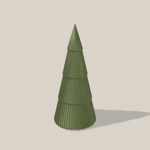 Dunkelgrüner Tannenbaum mit feinen senkrechten Rippen in drei Stufen, am Computer aus der Druckdatei dargestellt